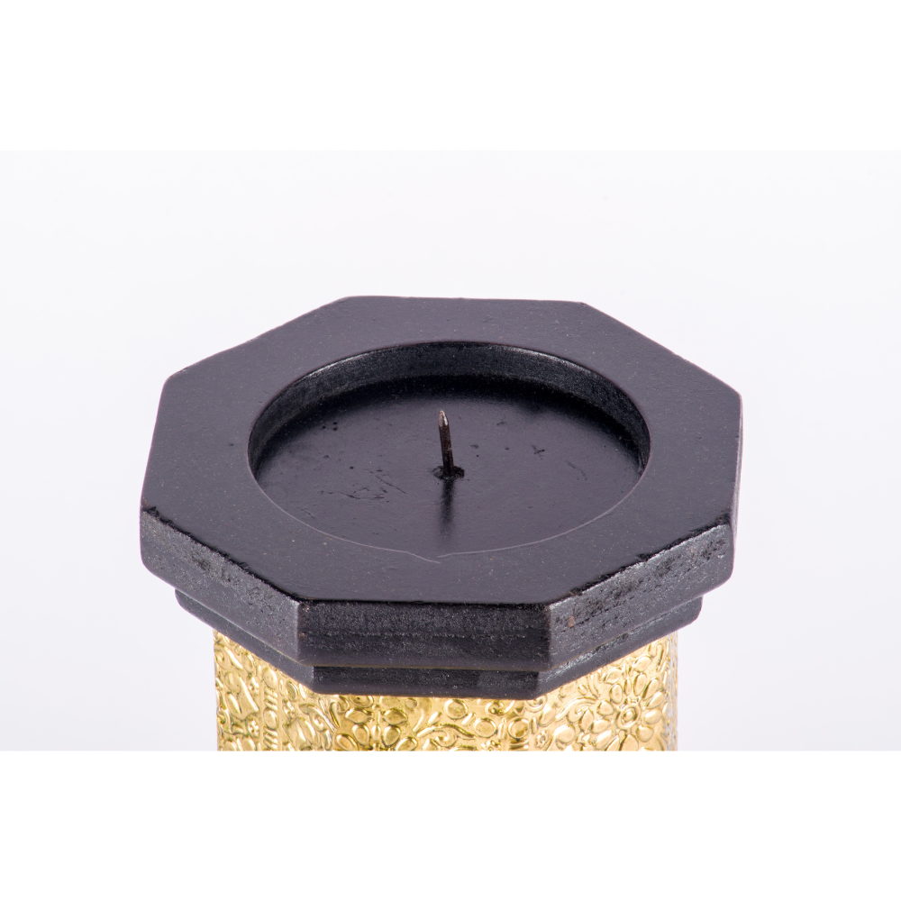 WOOD BRASS FITTED HEXAGANAL CANDLE STAND SMALL
