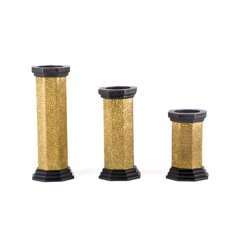 WOOD BRASS FITTED HEXAGANAL CANDLE STAND LARGE