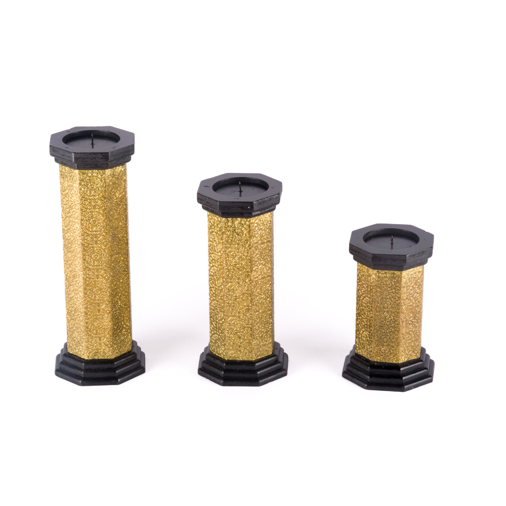 WOOD BRASS FITTED HEXAGANAL CANDLE STAND SMALL